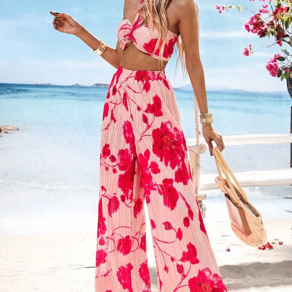 Pink Boho Women's Pleated Crop Top w/Halter Neckline & High Waist Wide Leg Pants - Picture 4 of 6